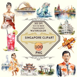 Op de afbeelding: Een set van 100 aquarel illustraties van bezienswaardigheden, eten en cultuur van Singapore. De illustraties omvatten een vrouw in een witte jurk, een rood drankje met een limoenwig, een meisje in een gele jurk, een man in een rood jasje, een gebouw met een koepel, een brug, een mythisch wezen, een straatverkoper, een tempel en een tuin.
