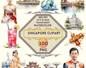 Bundel van 100 aquarel PNG-clipartafbeeldingen van Singapore | Singaporese bezienswaardigheden, digitale print voor reizen en vakanties, transparante achtergrond, commercieel gebruik
