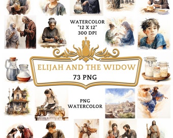 73 PNG acquerello Elia e la vedova Clip Art / Storia basata sulla Bibbia religiosa cristiana per Scrapbooking, diario spazzatura o stampa digitale