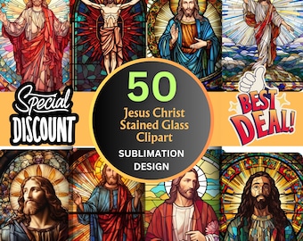 50 Stained Glass Jesus Christ Clipart PNG Designs for Sublimation, Digital Paper Stained Glass ,Jesus Christ Wall Art T-Shirt Design