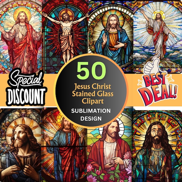50 Stained Glass Jesus Christ Clipart PNG Designs for Sublimation, Digital Paper Stained Glass ,Jesus Christ Wall Art T-Shirt Design