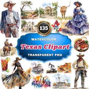 May include: A watercolor illustration set of 135 Texas clipart images. The set includes images of cowboys, longhorns, oil derricks, a paddlewheel boat, a cityscape, a building, a woman in a blue dress, a plate of food, and more.