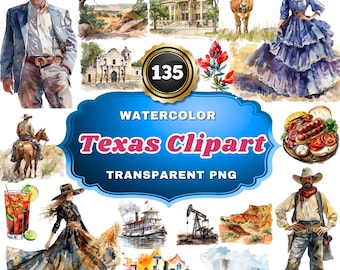 135 Watercolor Texas Cliparts -Lone Star Elegance:  Rustic and Iconic State Symbol Illustrations for Art, Decor & Educational Use