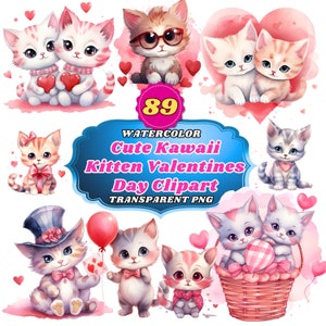 89 Kawaii Kittens Valentine&#39;s Day Clipart - Watercolor Cute Cat Love Illustrations for Greeting Cards, Crafts, and Romantic Decor