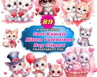 89 Kawaii Kittens Valentine's Day Clipart - Watercolor Cute Cat Love Illustrations for Greeting Cards, Crafts, and Romantic Decor