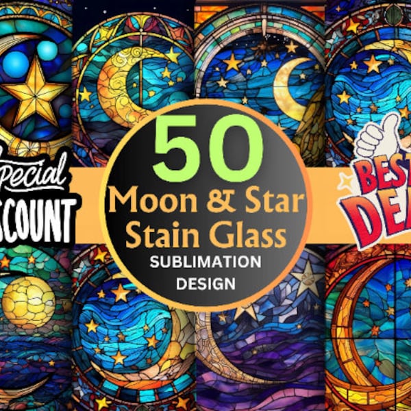 50 Stained Glass Moon and Star Clipart Designs for Sublimation, Digital Paper Stained Glass Moon and Star Tumbler Wrap & T-Shirt Design