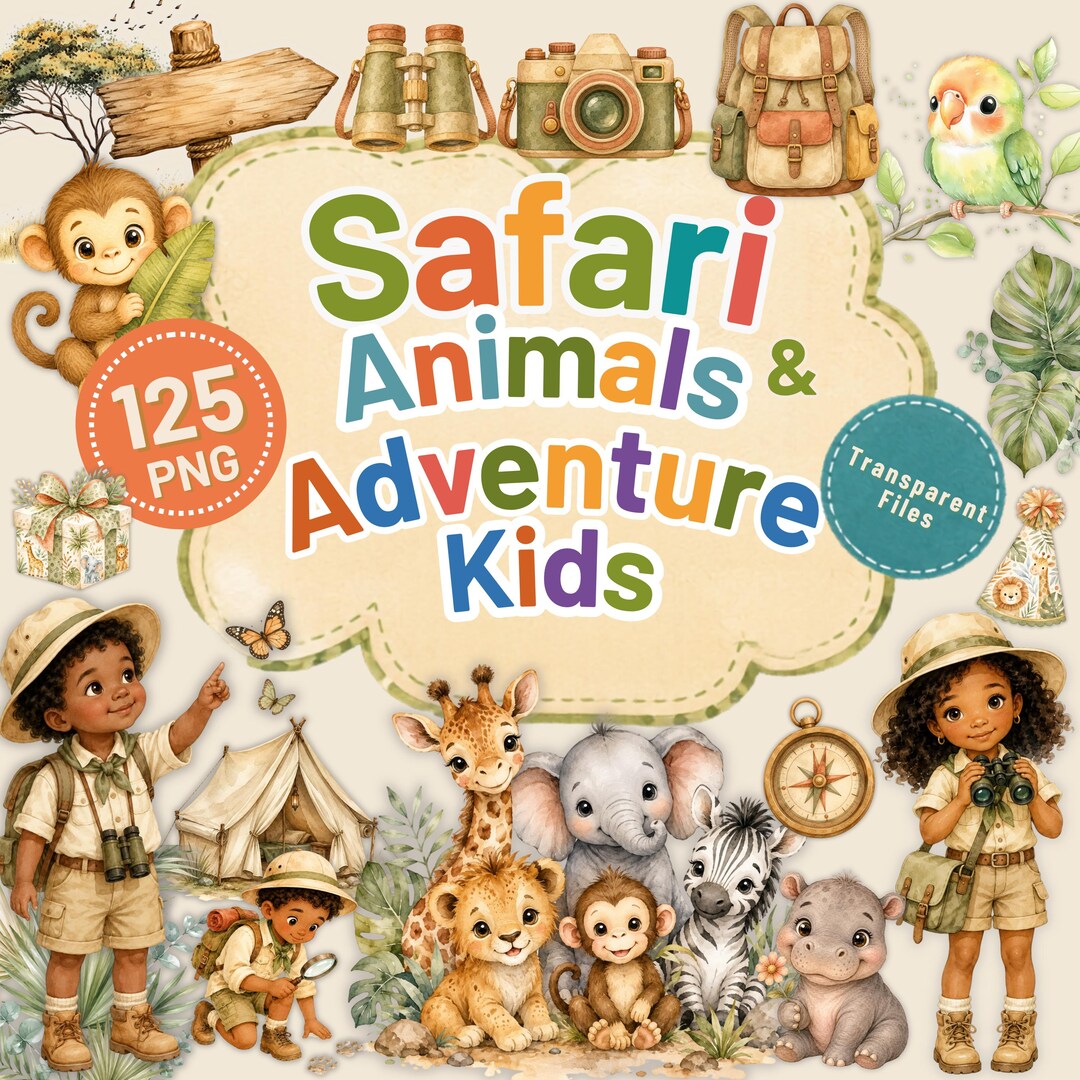 125x Watercolor Safari Animals Clipart, Adventure Kids Jungle PNG ...