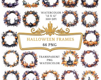 66 Watercolor Halloween Frames Clipart PNG Bundle, Halloween Wreaths Illustrations Clip art | Witchcraft Autumn Pumpkin Border Sublimation