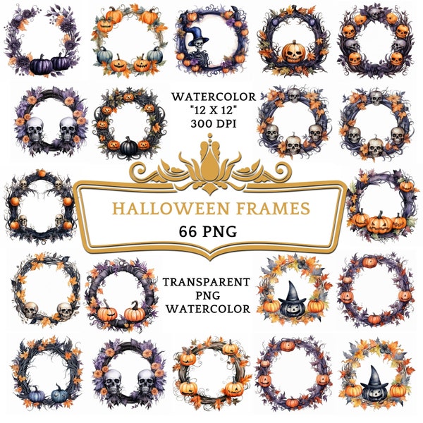 66 Watercolor Halloween Frames Clipart PNG Bundle, Halloween Wreaths Illustrations Clip art | Witchcraft Autumn Pumpkin Border Sublimation