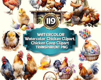 119 Watercolor Chicken Clipart, Chicken Coop Clipart Featuring Cute Chickens and Chicks in PNG Format - Instant Download for Commercial Use"