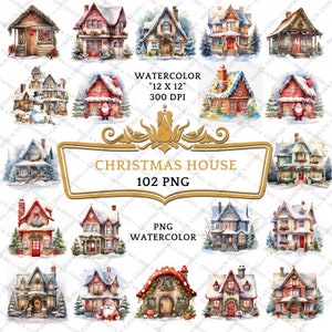102 Watercolor Christmas House Clipart Bundle | Christmas House PNG | Christmas Cottage House, Digital Download, Commercial Use