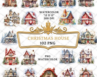 102 Watercolor Christmas House Clipart Bundle | Christmas House PNG | Christmas Cottage House, Digital Download, Commercial Use