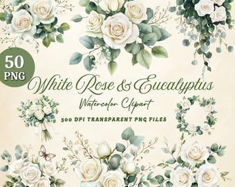 50 x witte roos bruiloft clipart, aquarel eucalyptus groen png, klassieke bruidsboeket illustratie, elegante bloemen krans graphics