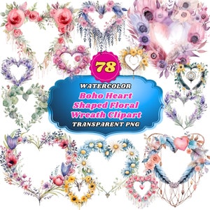 78 clipart de guirlanda floral em formato de coração Boho em aquarela, guirlandas de flores em formato de coração dos namorados, PNGs de guirlanda romântica para cartões, etiquetas para presentes,