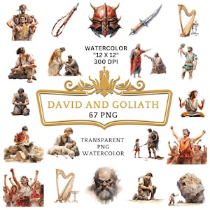 67 PNG Watercolor David and Goliath Clip Art | Christian Religious Bible Based Story For Scrapbooking, Junk journal Or Digital Printing