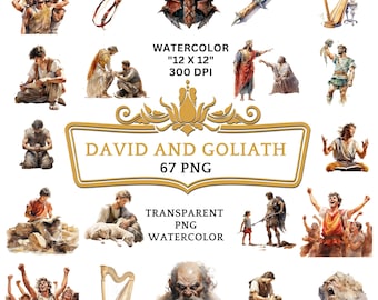 67 PNG Akwarela Dawid i Goliat Clip Art | Chrześcijańska historia religijna oparta na Biblii do scrapbookingu, dziennika śmieci lub druku cyfrowego