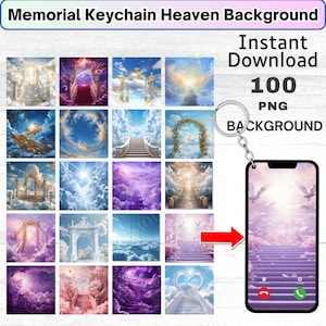 May include: A digital image download of 100 heaven-themed backgrounds. The backgrounds feature images of clouds, stairs, gates, and hearts. The images are perfect for use as phone backgrounds, social media posts, or other digital projects.