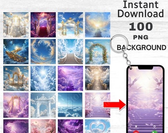 100X Memorial Keychain Background Bundle, Heaven Background PNG Bundle, In Loving Memory PNG, Phone Call from Heaven Stair Steps Gate Cloud