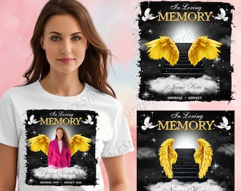 In Loving Memory PNG, Black Gold Heaven Canva T-shirt Design Template, for Funeral & Remembrance. Canva RIP Memorial T-shirt PNG