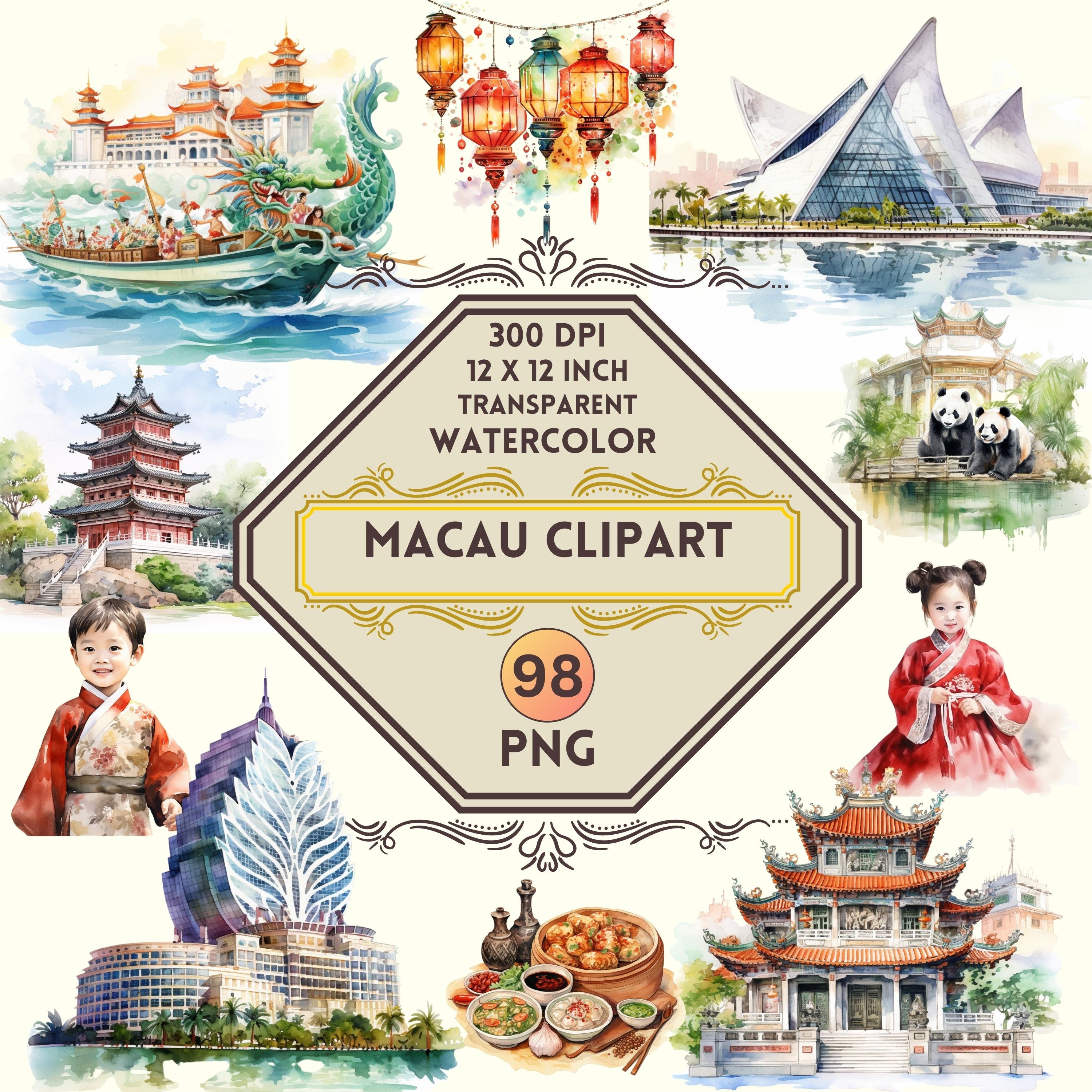 98 Paquete de imágenes prediseñadas de Macao en acuarela / Ciudad china PNG, Casas, Viajes por Asia, Fabricación de tarjetas, Paquete PNG transparente para uso comercial