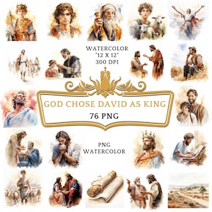 76 PNG aquarel God koos David als koning clipart | Christelijk religieus Bijbels verhaal voor scrapbooking, junk journal of digitaal printen