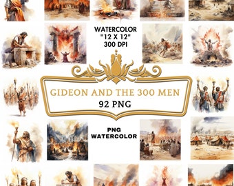 Puede incluir: Un conjunto de 92 ilustraciones de acuarela que representan la historia bíblica de Gedeón y los 300 hombres. Las ilustraciones son de estilo vintage y presentan escenas de soldados, campamentos y batallas. El texto "Gideon and the 300 Men" y "92 PNG" está incluido en la imagen.
