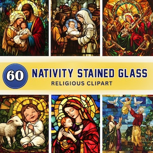 May include: A collection of six stained glass images depicting religious scenes. The images feature figures in robes, halos, and angels, with vibrant colors and intricate details. The text "60 NATIVITY STAINED GLASS RELIGIOUS CLIPART" is displayed on a yellow banner.