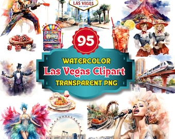 95 Watercolor Las Vegas Clipart | Perfect for Bachelorette/Bachelor Parties, Casino-Themed Printables in PNG Format, Travel Itinerary Art