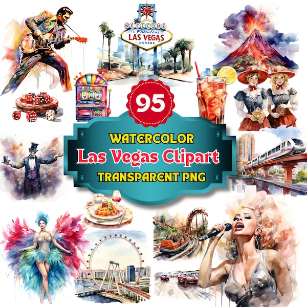 95 Watercolor Las Vegas Clipart | Perfect for Bachelorette/Bachelor Parties, Casino-Themed Printables in PNG Format, Travel Itinerary Art
