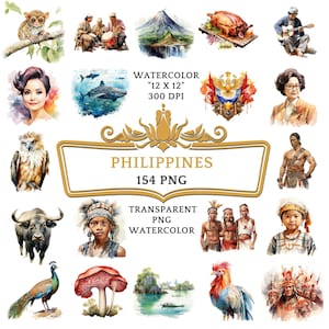 154 Watercolor Philippines PNG ClipArt Bundle, Philippines Travel Clipart, Filipino Landmarks, Jeepney Art, White Beaches and Palm Trees PNG