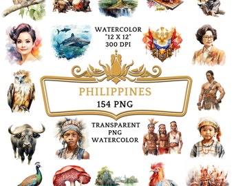Paquete de 154 imágenes prediseñadas de acuarela de Filipinas, imágenes prediseñadas de viajes a Filipinas, monumentos filipinos, arte en jeepney, playas blancas y palmeras PNG