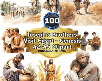 100 clipart ad acquerello dei fratelli di Giuseppe in Egitto, Genesi 42-45, Viaggio in Egitto Illustrazioni bibliche storiche per l'istruzione e l'arte