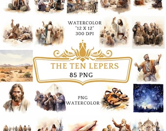 85 Clipart ad acquerello dei dieci lebbrosi / Storia religiosa cristiana basata sulla Bibbia per sublimazione, scrapbooking, diario spazzatura o stampa digitale