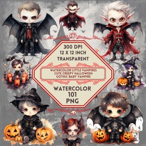 101 Watercolor Little Vampires Clipart PNG, Cute Creepy Halloween Character Illustrations Clip art, Gothic Baby Vampire PNG, Dark Fantasy