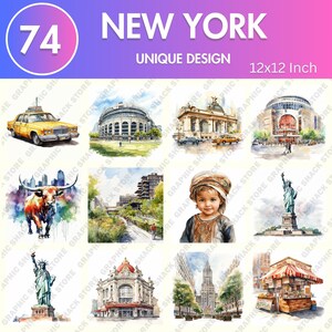 May include: A watercolor painting of 10 different iconic New York City landmarks, including the Statue of Liberty, the Empire State Building, and Yankee Stadium. The painting is in a collage style, with each landmark depicted in a separate square. The painting is titled "New York" and is 12x12 inches.