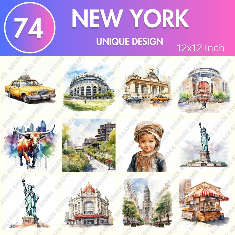 May include: A watercolor painting of 10 different iconic New York City landmarks, including the Statue of Liberty, the Empire State Building, and Yankee Stadium. The painting is in a collage style, with each landmark depicted in a separate square. The painting is titled "New York" and is 12x12 inches.