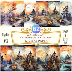 62 Watercolor Halloween Landscape Digital Paper, Printable Watercolor Halloween Scenes, Spooky Pages, Junk Journal, Scrapbooking Card Making