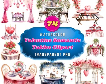 Watercolor Valentine Romantic Tables Clipart -Enchanted Dining: Dreamy Date Settings and Love-Filled Banquets for Festive Designs