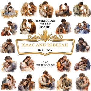 109 PNG Watercolor Isaac and Rebekah Clip Art | Christian Religious Bible Based Story For Scrapbooking, Junk journal Or Digital Printing