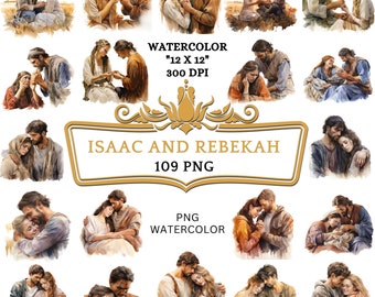 109 PNG Watercolor Isaac and Rebekah Clip Art | Christian Religious Bible Based Story For Scrapbooking, Junk journal Or Digital Printing