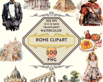 100 Watercolor Rome PNG ClipArt Bundle, Rome Summer Travel, Landmark, Food Clip Art, Italy Vacation, Dream Travel Clipart, Commercial Use
