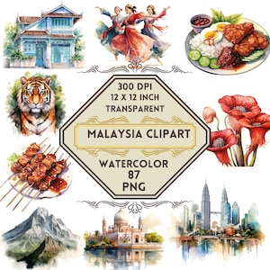 Paquete de 87 imágenes PNG de Malasia en acuarela: horizonte de Kuala Lumpur, Torres Petronas, cultura malasia, playas tropicales, imágenes prediseñadas de viajes exóticos