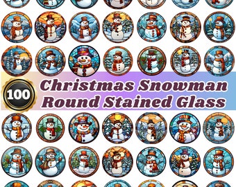 100x Christmas Snowman Round Stained Glass Designs - Frosty Cheer Snowman: Perfect for Sublimation, Holiday Decor & Crafting Projects