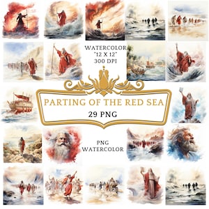 29 Watercolor Crossing The Red Sea Clipart | Christian Religious Bible Based Story For Scrapbooking, Junk journal Or Digital Printing