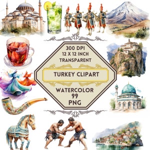 99 Watercolor Turkey PNG ClipArt Bundle, Turkey Summer Travel, Landmark Clip Art, Istanbul Vacation, Dream Travel Clipart, Commercial Use