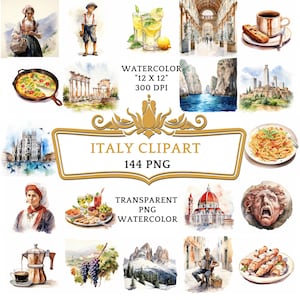 Watercolor Italy Clipart Bundle| 144 Printable Medivial Europe Png | Junk Journal, Paper Crafts Supplies, Italian Food , Travel Clipart