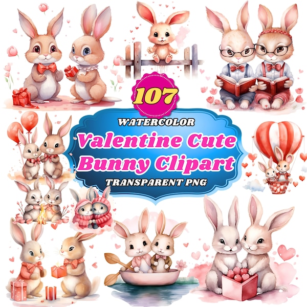 Hoppy Hearts Set: 107 Watercolor Valentine Cute Bunny Cliparts, Playful and Adorable Rabbit Illustrations for Easter and Love-Themed Project