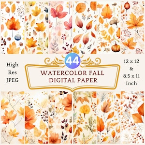 44 Watercolor Fall Digital Paper | Floral autumn watercolor scrapbook paper, Thanksgiving background, Junk Journal Kit Ephemera, Fall Theme
