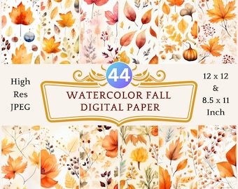 44 Watercolor Fall Digital Paper | Floral autumn watercolor scrapbook paper, Thanksgiving background, Junk Journal Kit Ephemera, Fall Theme
