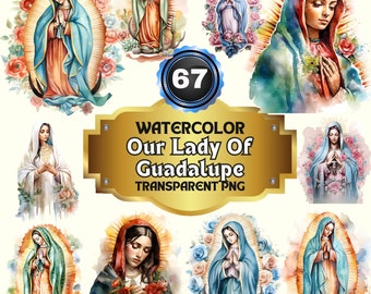 67 Clipart ad acquerello di Nostra Signora di Guadalupe: File PNG dell'arte della Vergine Maria, Nuestra Señora de Guadalupe, Grafica artistica da parete stampabile cattolica